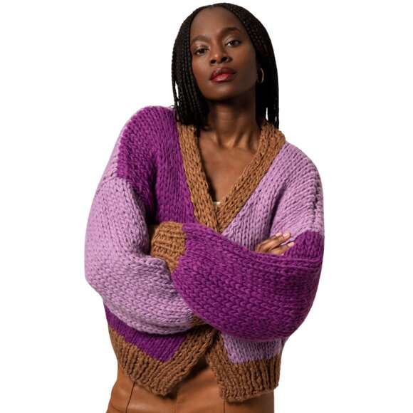 FRNCH Lorene Violet Camel Cardigan Sweater Women's Medium Chunky Knit Open Front - Picture 2 of 15